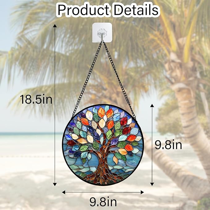 DASTOLL Stained Glass Window Hanging, Colorful Tree of Life Sun Catchers Glass Panel Blue Suncatcher Decor for Birthday for Women, Men, Wife, Aunt, and Mom 9.8 in