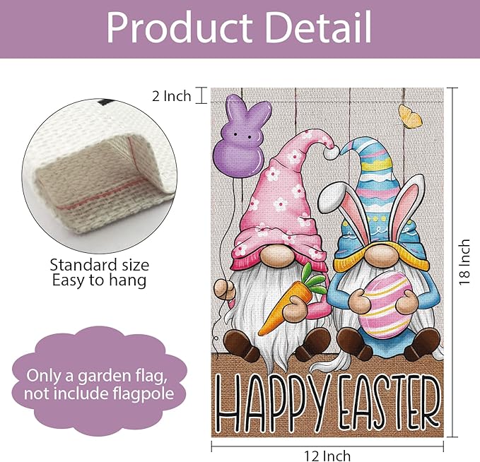Easter Garden Flag 12×18 Double Sided, Vertical Burlap Gnomes Happy Easter Flags Outside Holiday Yard Decoration