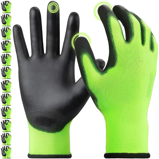 Kebada W1 Work Gloves for Men and Women, PU Coated Safety Gloves with Grip, Touchscreen, Ideal for Warehouse Package Handling, Construction, Gardening, Green XL