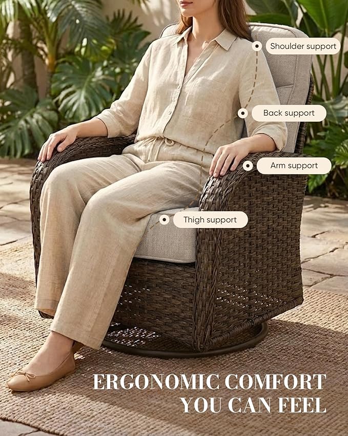 Belord Upgraded 6“ Cushion Luxury 11 Piece Patio Furniture Set - Wicker Outdoor Conversation Set with Swivel Rocker Patio Chairs, High Back Outdoor Furniture for Deck Porch Yard - Brown/Beige