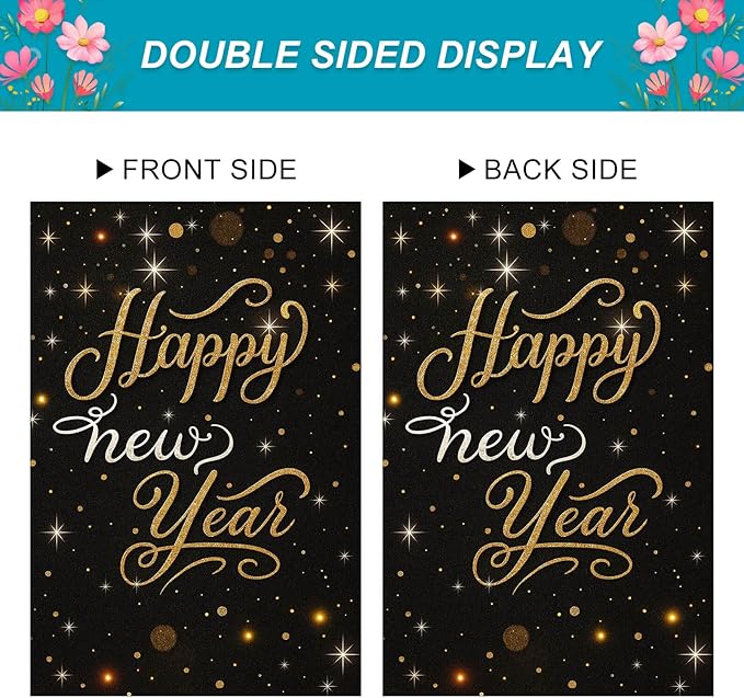 Happy New Year House Flag 28x40 Inch Black and Gold Sparkle Design Garden Flag Outdoor Yard Decoration Elegant Holiday Celebration Banner for Home Porch Lawn