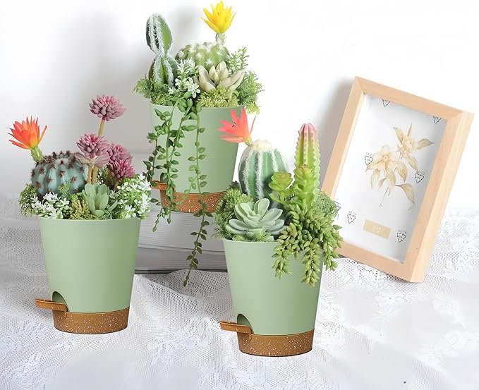 zople 12 Pack 4 Inch Self Watering Plant Pots with Drainage and Saucers，Plastic Flower Pots for Indoor and Outdoor Plants, Nursery Planters for Houseplants and Herbs Green Brown, 4 inch 12pcs