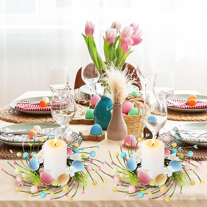 4 PCS Small Easter Wreaths for Kitchen Cabinet Mini Artificial Easter Colorful Egg Wreath for Front Door Spring Summer Hanging Wreath with Ribbon Flower Berry for Porch Window Wall Farmhouse Decor