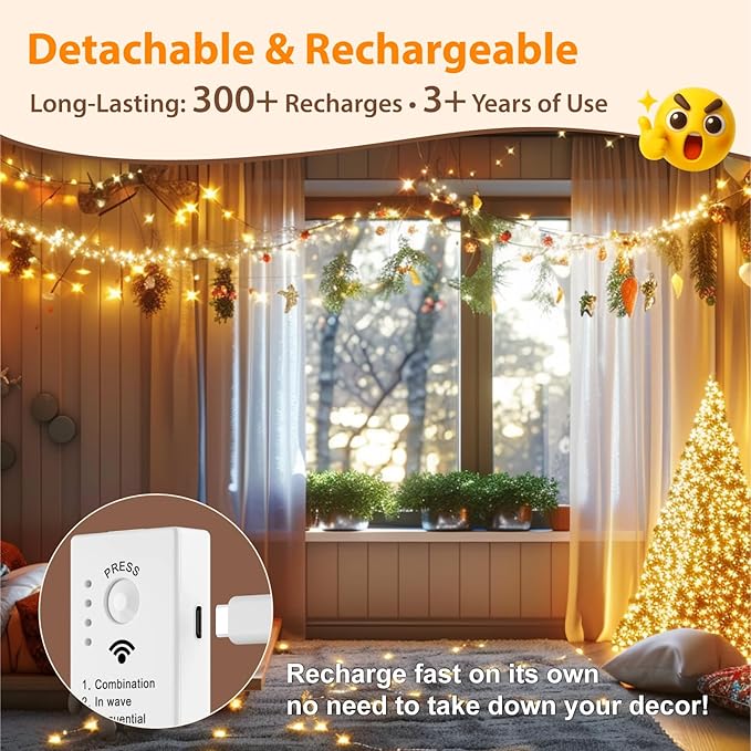 HXWEIYE Rechargeable Fairy Lights with Remote & DIY Timer, 33ft 100LED Battery Operated Twinkle String Lights, 8 Modes Decor Light for Bedroom Indoor Wedding Dorm Christmas Tree Party (Warm White)
