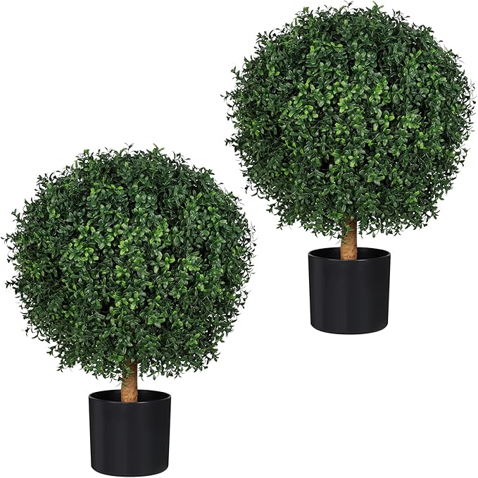 26" Topiary Trees Artificial Outdoor Boxwood Balls, UV Resistant Faux Boxwood Plants Set of 2, 19.7" W Realistic Evergreen Potted Fake Shrubs and Bushes for Home Office Patio Garden Front Porch Decor