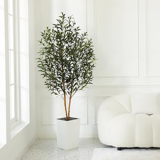 VeriNatural Artificial Olive Tree 6FT - Tall Faux Olive Trees with Natural Wood Trunk, Silk Leaves, White Taper Planter & Pebbles, UV Resistant Fake Plants Indoor for Home Decor, Office,Outdoor,VN131