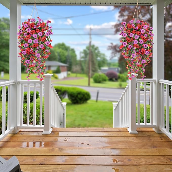 Artificial Fake Hanging Flowers Plants for Outdoor Outside Spring Summer Decoration 2PCS Faux Silk UV Resistant Realistic Mums Daisy with Eucalyptus for Home Porch Patio Balcony(Red & Magenta)