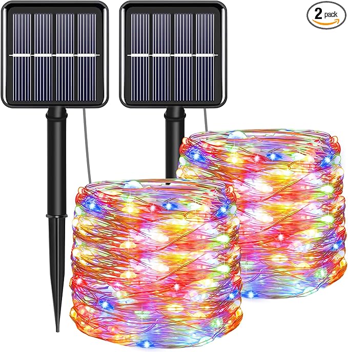 Solar Christmas String Lights Multicolor Outdoor Waterproof 100 LED（2 Pack） 8 Modes Copper String Lights Fairy Lights for Valentine's Day Garden, Patio, Fence, Balcony, Outdoors(Multicolor 2pcs）
