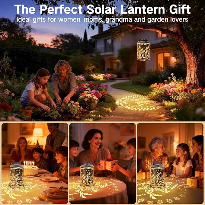 OUTONLIFE Dragonfly Outdoor Solar Lanterns, Waterproof Metal Hanging Solar Lights for Outside Yard, Garden, Patio, Lawn, Pathway Decorations, Birthday Gifts for Women Mom Grandma