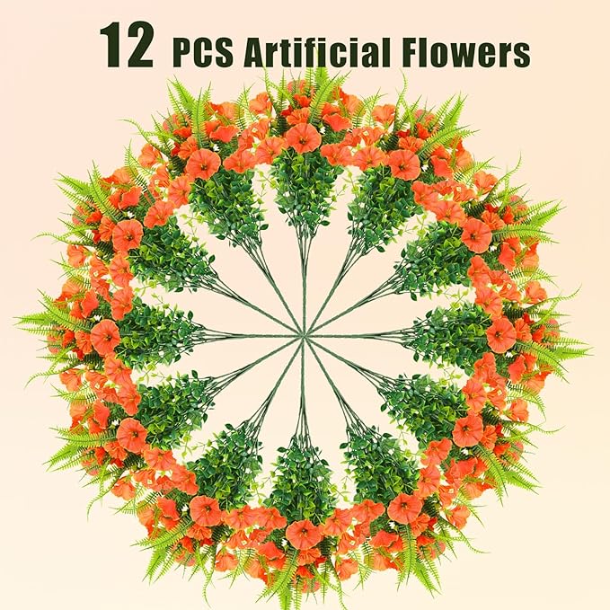 HIAGROW Artificial Fall Flowers for Outdoors 12 Bundles Fake Mums Petunias Flowers UV Resistant Shrubs Plants with Fern for Indoor Outside Hanging Planters Home Garden Autumn Thanksgiving Decorations