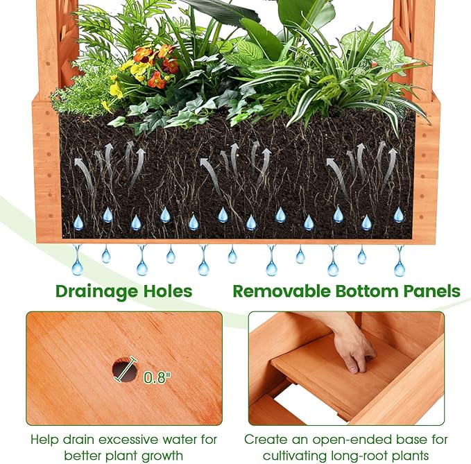 HAPPYGRILL Raised Garden Bed with Trellis, 2 Pack Wood Elevated Garden Bed with Hanging Roof, Planter Box, Drainage Holes for Climbing Plants, Flowers, Vegetables, 31" L x 14" W x 60" H