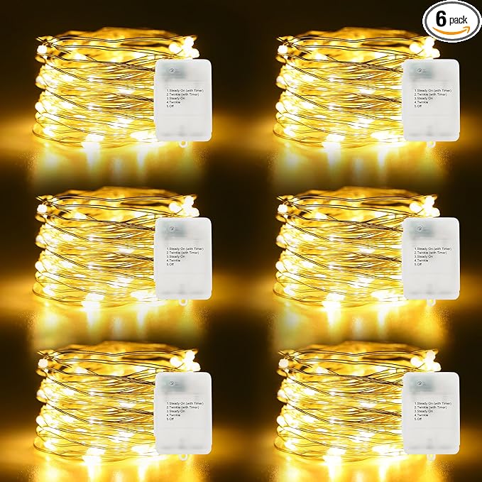 6 Pack Fairy Lights Battery Operated16.4Ft 50 LEDs Silver Copper Wire Twinkle Lights with 2 Lighting Modes for Christmas Bedroom Indoor Outdoor Wedding Decorations (Warm White)