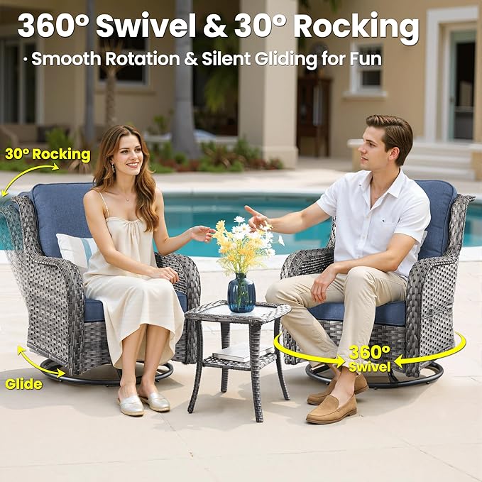 ovios 5 Pieces Patio Furniture Set, Outdoor Wicker Sofa Couch with Swivel Chairs Solar Lights Table, High Back Modern All Weather Conversation Sets, Grey Rattan, Denim Blue