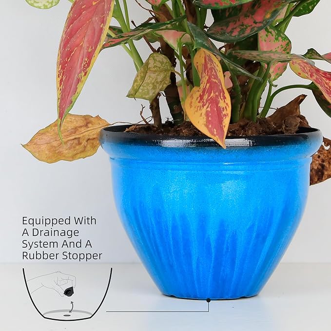 Worth Garden 8-Inch Dia. Round Blue Plastic Planters with Drain Holes, 5.9-Inch Height - 2-Pack Glossy Finish Bell-Shaped Plant Pot – Lightweight Indoor/Outdoor Flower Pots