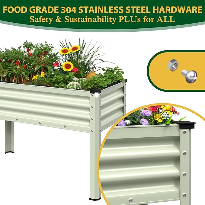 BlueWish 48" W x 24" D x 32" H Raised Garden Bed, Garden Bed with Detachable Black Liner, Drainage Gaps, Galvanized Raised Garden Beds Outdoor 7.5 Cubic Feet, Gardening, Vegetable, Flower, Beige