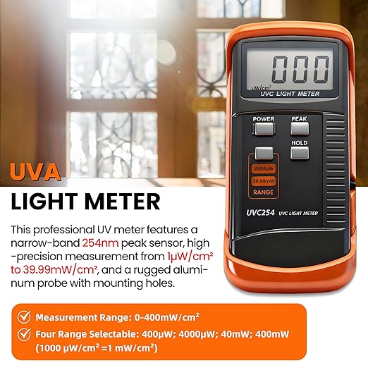 AMTAST UV Light Meter Professional UV Monitors Measurable of UVA UVB & UVC Light Measure Tester with 320~390nm Range Portable UV Sunlight Tester (Model UVC254)