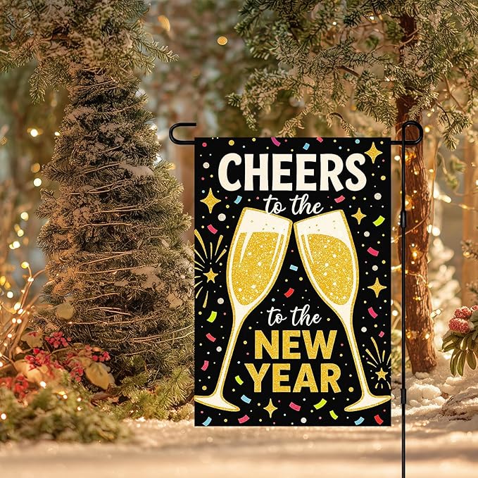Cheers to the New Year Garden Flag 12x18 Inch Double Sided New Year Garden Banner Outdoor Yard Decor Black Gold Champagne Toast Party Decoration Lawn Flag
