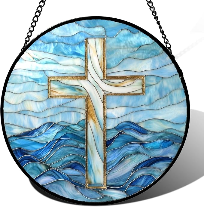 JOSUMALY Christian Gifts for Women - Blue Cross Stained Glass Window Hanging Jesus Easter Ocean Waves Sun Catcher Garden Religion Decor Mother's Day Catholic Gift for Men Grandma Mom Her Nana 6.3"