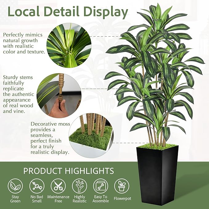 Realistic Artificial Indoor Plant Tree - Tall Fake Dracaena Potted Plant for Home Office Decor, Living Room & Bedroom - Lifelike Faux Plant Tree with Pot-Palm Tree (Black, 6FT)