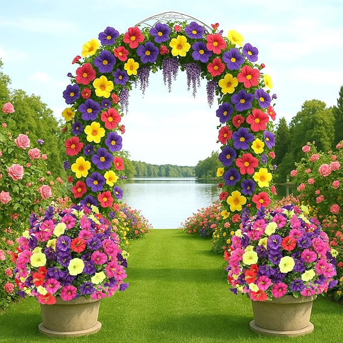 ENVEN Artificial Topiary Ball Tree Outdoor Plants with Ground Spike 22"- UV Resistant Faux Shrubs, Eucalyptus Fake Plants for Indoor & Garden, Yard, Porch, Patio Decor (Mixed Color Morning Glory)