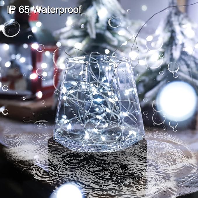 YAOZHOU Solar Fairy String Lights for Outside, Outdoor Waterproof, Cool White 2Pack Total 200LED 66Ft 8 Modes Mini Mini Small Solar Powered Lights for Christmas, Garden, Patio, Fence, Balcony