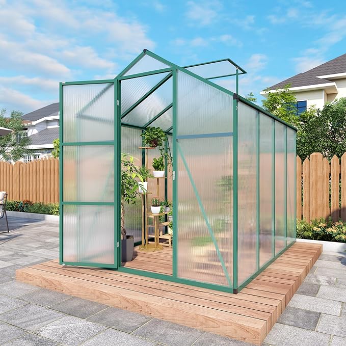 6x8 FT Greenhouse,Outdoor Polycarbonate Greenhouse with Roof Vent & Integrated Gutters,Aluminum Walk-in Green House W/ Reinforced Frame for Outside Garden Backyard,Green