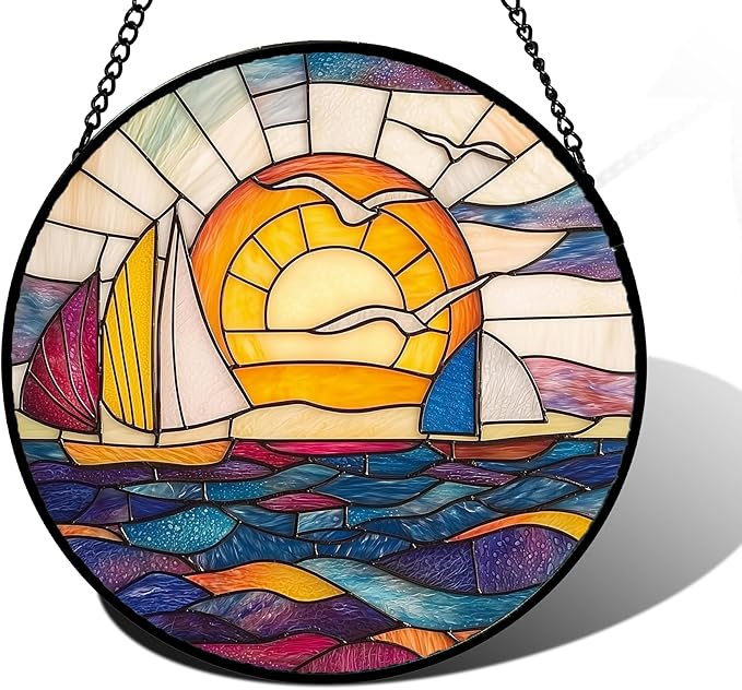 DASTOLL Stained Glass Window Hanging, Sailboat and Waves Suncatcher Diamond Glass Panel Hangings Sun Catchers Decor for Birthday for Women, Men, Wife, Aunt, and Mom 9.8 in