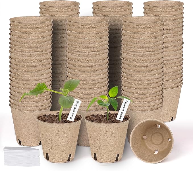 JNYONG 120 Packs 3.15 Inch Peat Pots,Biodegradable Pots for Seedlings with Drainage Holes, Garden Germination Nursery Pots with 100Pcs Plant Labels