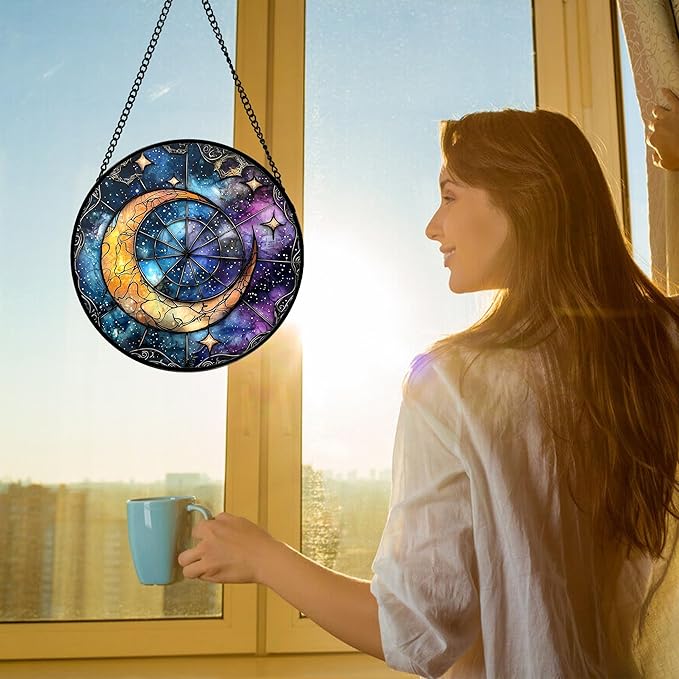 DASTOLL Stained Glass Window Hanging, Blue Starry Sky Moon Astrolabe Suncatcher for Doors Home Sun Catchers Decoration and Christmas, Mother's Day Birthday Gifts for Women, Men, and Mom 9.8 in