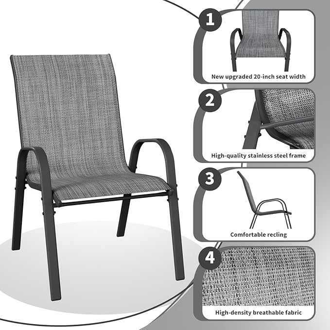 Patio Dining Chairs Set of 8, Outdoor High Stacking Chairs，Breathable Seat Fabric and Alloy Steel Frame for Backyard, Porch, Garden, Sunroom (Light Grey)