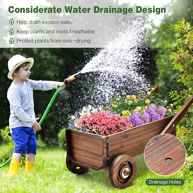 Giantex Wooden Wagon Planter Box, Decorative Wagon Cart with Wheels, Handles, Drainage Hole, Flower Planter Pot Stand, Rustic Flowerpot Planter, Indoor & Outdoor Garden Patio Balcony