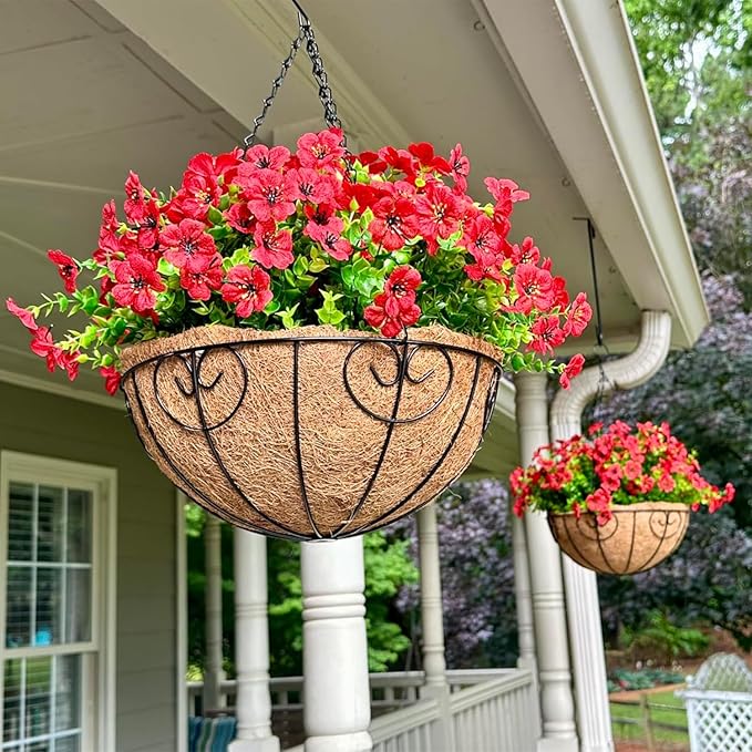 Artificial Flowers Hanging Basket for Outdoor Indoor Spring Summer Decoration,Fake Silk Colorful Daisy Eucalyptus in 12" Coconut Lining Flowerpot Arrangement for Home Patio Yard Decor(Red)