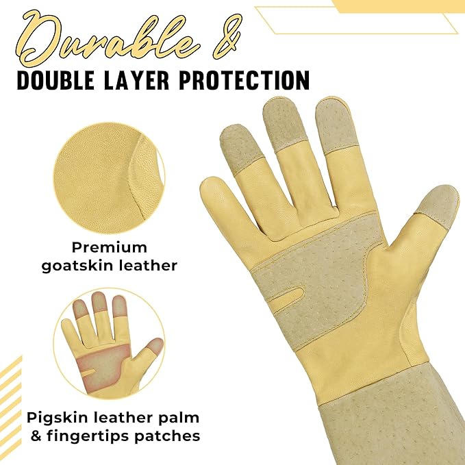 HANDLANDY Rose Pruning Gardening Gloves for Men Women, Thorn Proof Forearm Protection Leather Garden Gloves, Gardening Gifts for Gardeners (Beige- goatskin, Small (Pack of 1))