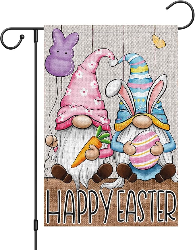 Easter Garden Flag 12×18 Double Sided, Vertical Burlap Gnomes Happy Easter Flags Outside Holiday Yard Decoration