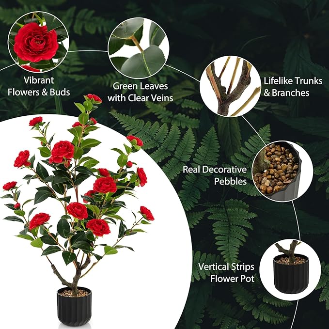 Goplus 38’’ Artificial Camellia Tree, 2 Pack Flower Plants Artificial Tree, Faux Floral Plant Blooming Tree in Cement Pot, Greenery Potted Plant for Indoor Outdoor Office Home Porch Decor