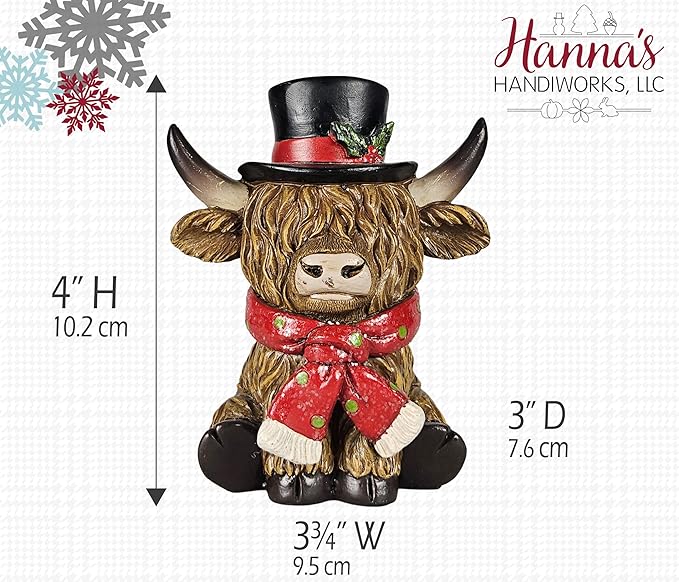 Scottish Highland Cows with Christmas Holiday Accents - Set of 3 | Resin Home Decor with Santa Hats | Seasonal Xmas Decor for Centerpiece, Mantel, Kitchen, Dining Room, and More | 4 inches tall