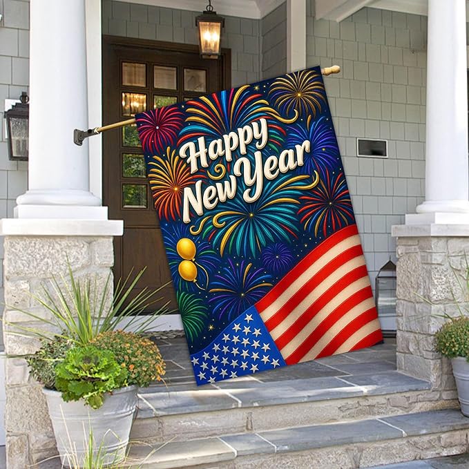 Happy New Year House Flag 28x40 Inch Double Sided Garden Flag American Flag and Fireworks Design Winter Holiday Yard Banner Large Outdoor Polyester Flag for Porch Lawn Home Decoration