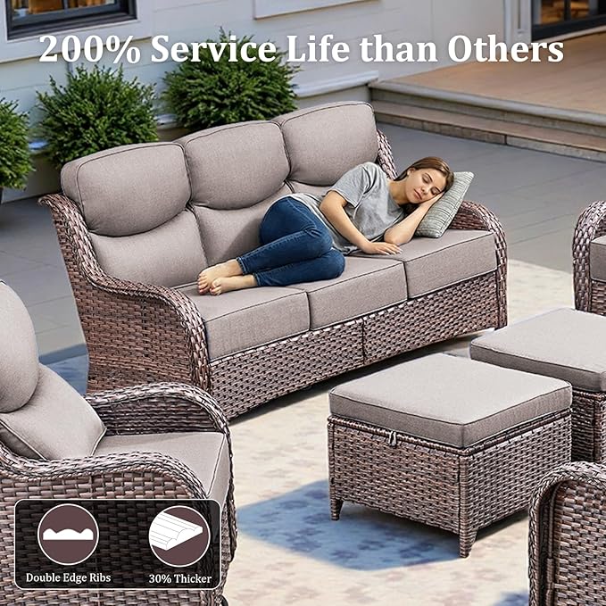 Luxury High Back Patio Furniture Set with 6-Inch Thick Cushions, 4-Pieces Outdoor Furniture with Swivel Chairs, Wicker Conversation Set for Porch, Balcony, Deck and Yard, Brown/Grey
