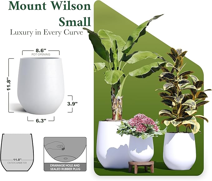 DTY Signature Mount Wilson 11''D x 11.8''H Modern Indoor Outdoor Fiberstone Tapered Planter, Lightweight, Weather Resistant Garden Pot with Drainage Hole & Rubber Plug - White, Small