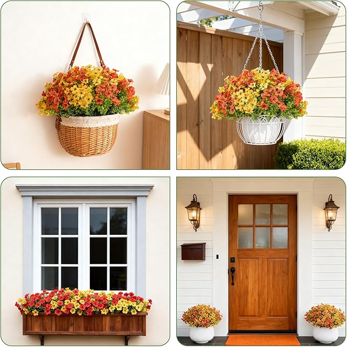 Artificial Fall Flowers for Outdoor Indoor Realistic Faux Flower Garden Home Decoration, Hanging Autumn Fall Decor Daisy with Eucalyptus Leaves Fake Plants Greenery Porch Patio Front Door Decors