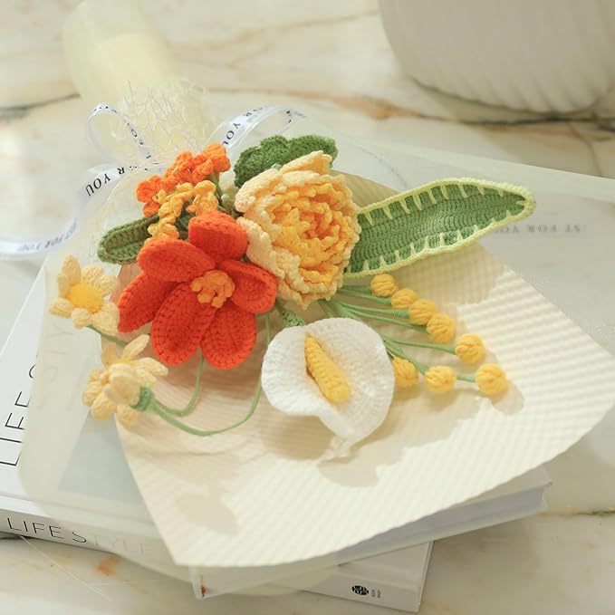 YOOJEE Crochet Flower Bouquet Golden Peonies Tulip - Retirement, Birthday, Christmas Gift - Eco-Friendly Hypoallergenic Florals Handmade by Artisan Moms