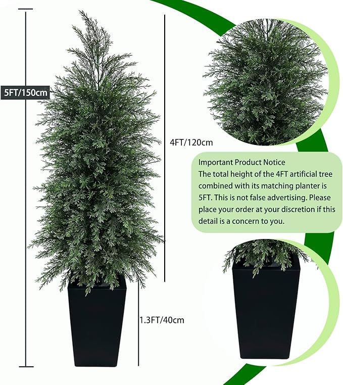 5FT Artificial Topiary Tree with Tall Black Planter Beautiful Realistic Faux Cedar Pines Christmas Trees UV Rated Fake Shrubs for Front Porch Faux Plants Indoor and Outdoor Decor (1 Pack)