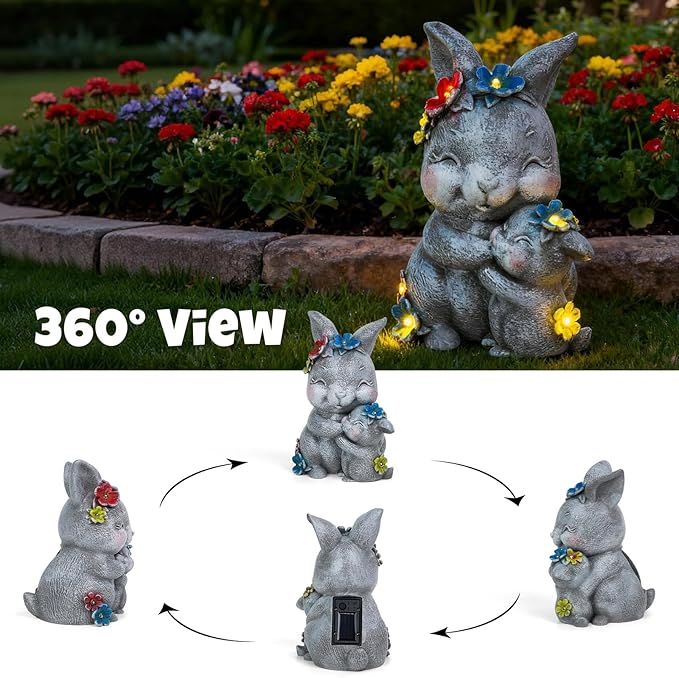 Komothala Solar Garden Statue Light, Resin Rabbit Figurine with Flowers Outdoor Decor for Patio, Lawn, Yard, Housewarming Birthday Gifts Gift for Bunny Lovers, Mom, Grandma, Women (Grey Rabbit)