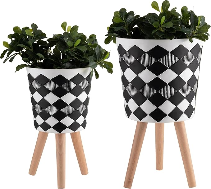 Sagebrook Home Set of 2 Geometric Planters on Stands - Resin & Wood Mid-Century Modern Plant Pots for Indoor/Outdoor Home & Garden Decor - 12" & 10", Black & White G