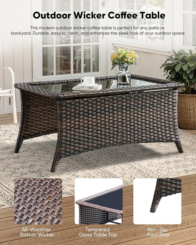 HUMMUH 9 Pieces Wicker Outdoor Furniture Set 6-inch Cushions High Back Patio Sofa Swivel Rocker Chairs Set of 2 with Coffee Table for Porch,Deck,Backyard
