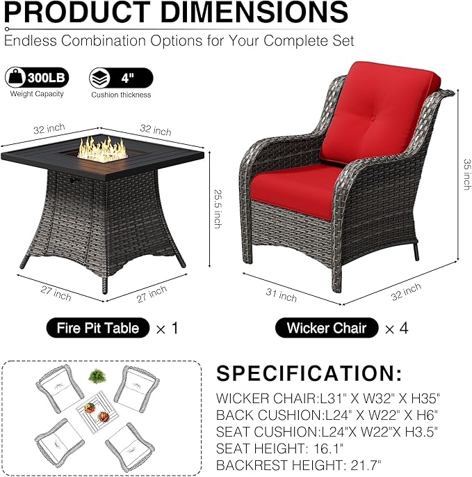 Joyside 5 Piece Wicker Patio Furniture Set with Fire Pit Table, Rattan Patio Chairs with High Back, Deep Seating, Wide Armrest, Thickened Cushions, Outdoor Furniture for Deck, Porch Use