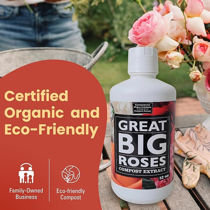 Great Big Roses – Soil and Rose Fertilizer Booster to Grow The Best Roses and Flowers; Rose Food Compost Extract for Rose Bush, 32 Ounce Concentrate (Makes 8 Gallons)