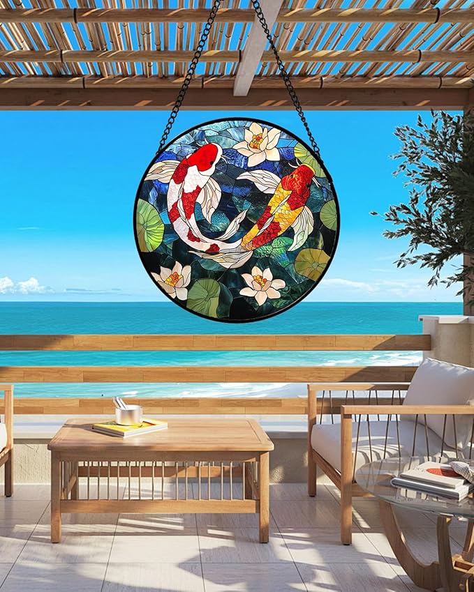AMDERVEN Stained Glass Window Hanging, Koi and Lotus Sun Catcher for Door Home Decor Fish Suncatcher Christmas Mother's Day Birthday Gifts for Women Men Mom and Nana 11.8 in