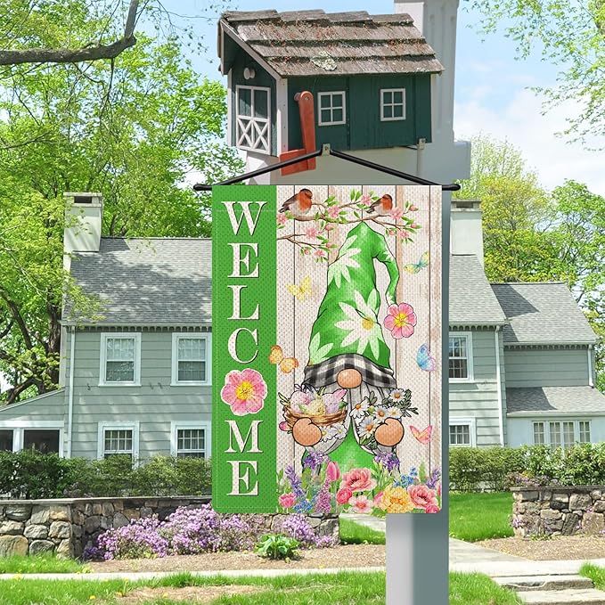 Spring Gnome Garden Flags for Outside, Floral Birds Welcome Yard Flags, 12x18 Double Sided, Seasonal Lawn Flag, Gnomes Decorations for Porch Farmhouse