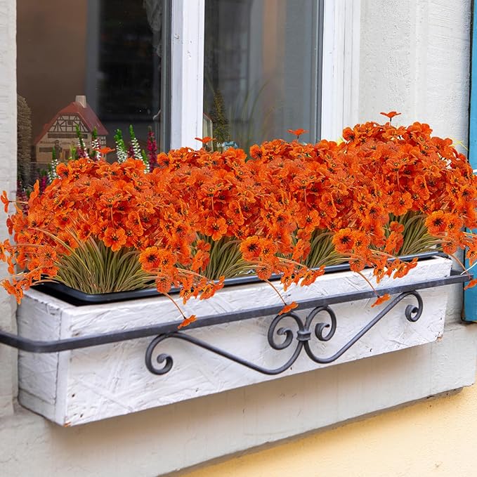 JEMONG 20 Bundles Artificial Fall Flowers Outdoor UV Resistant Fake Flowers No Fade Faux Plastic Plants Garden Porch Window Box Decorating (Fall Brown